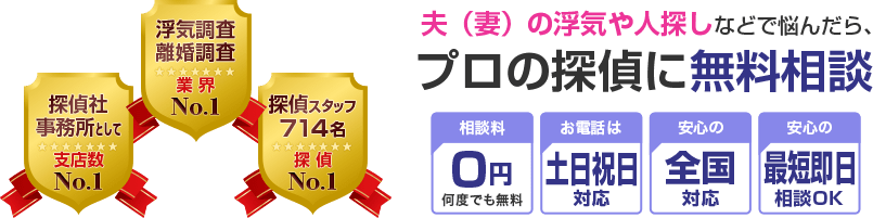 夫(妻)の浮気や人探しなどで悩んだら、プロの探偵に無料相談 相談料0円何度も無料 / お電話は土日祝日対応 / 安心の全国対応 / 安心の最短即日相談OK。探偵社事務所として支店数 N0.1、浮気調査離婚調査 業界No.1、探偵スタッフ714名 探偵No1